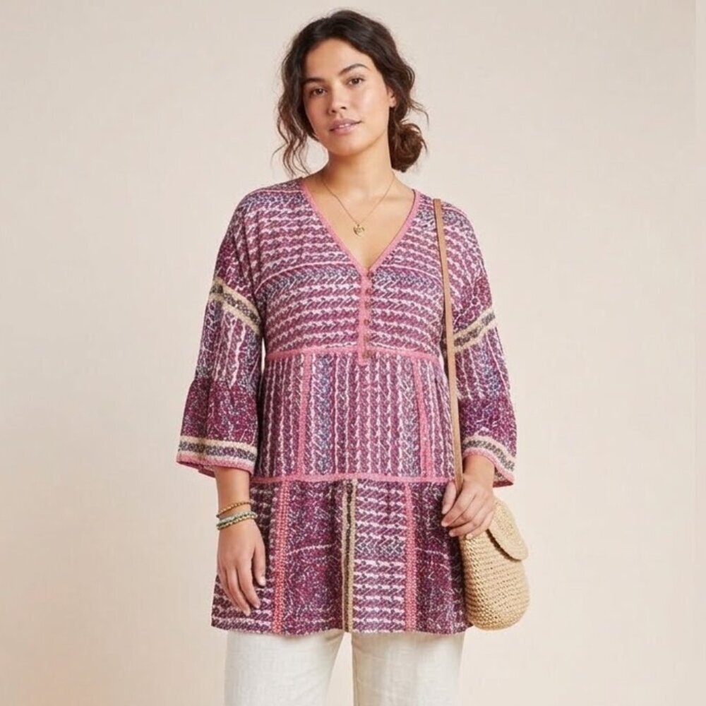 Anthro Maeve Lilyana Silk Tunic Blouse XS Boho Tiered Festival Top